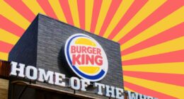 burger king exterior with a red and yellow striped background