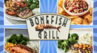 collage of four bonefish grill menu items around bonefish grill sign