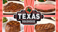 collage of four texas roadhouse steaks around the restaurants logo on a red background