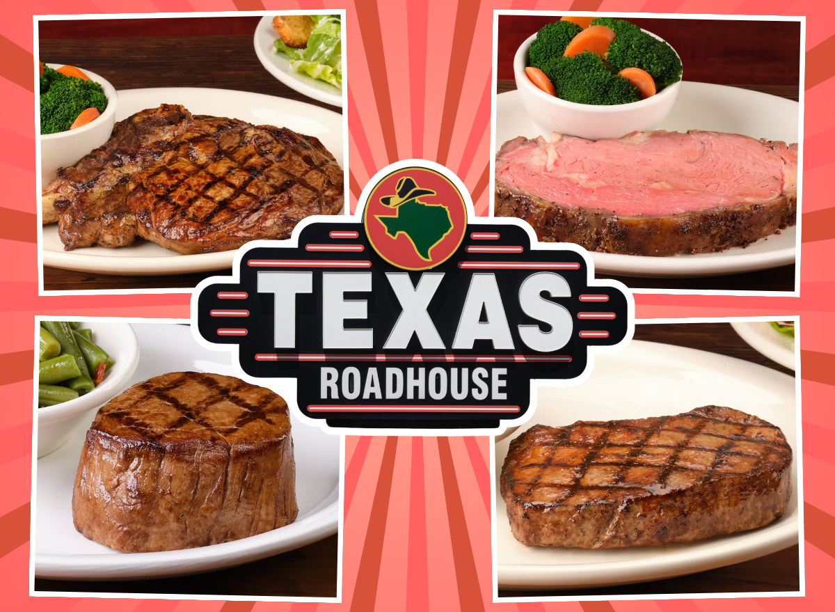 collage of four texas roadhouse steaks around the restaurants logo on a red background