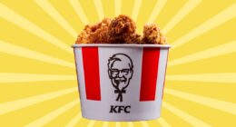 a bucket of Kentucky Fried Chicken on a designed yellow background