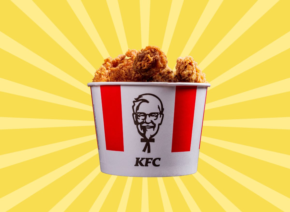 a bucket of Kentucky Fried Chicken on a designed yellow background