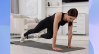 woman doing plank twist exercise on yoga mat in bright living room