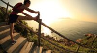 woman with rucksack stretching outdoors on stair trail