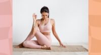 woman doing yoga stretch on mat in bright white room