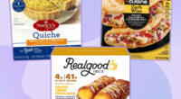 collage of three healthy frozen meals that are actually unhealthy arranged on a purple background