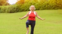 woman demonstrating balance test to predict how long you'll live