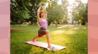 fit woman doing yoga exercises on mat outdoors in grassy, sunny park