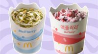 pistachio and strawberry & oreo mcflurries set against a lavender background