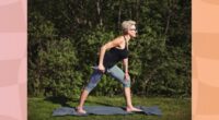 mature fit woman doing dumbbell exercise outdoors on yoga mat