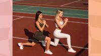 women doing walking lunges on track outdoors