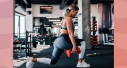 woman doing dumbbell lunges at the gym