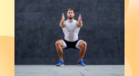 fit, focused man doing a bodyweight squat outside on pavement