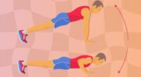 vector image of man doing pushups on pink/orange square background design