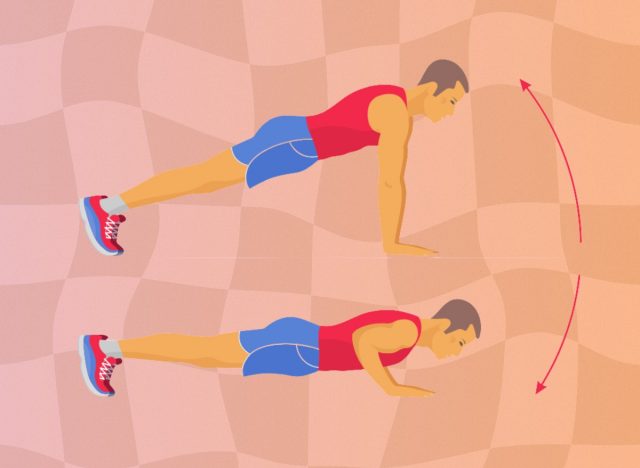 vector image of man doing pushups on pink/orange square background design