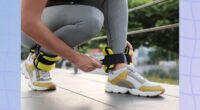 a photo of a runner putting on ankle weights on a designed blue background