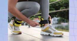 a photo of a runner putting on ankle weights on a designed blue background