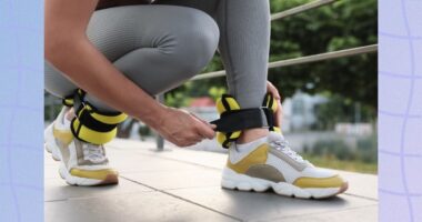 a photo of a runner putting on ankle weights on a designed blue background