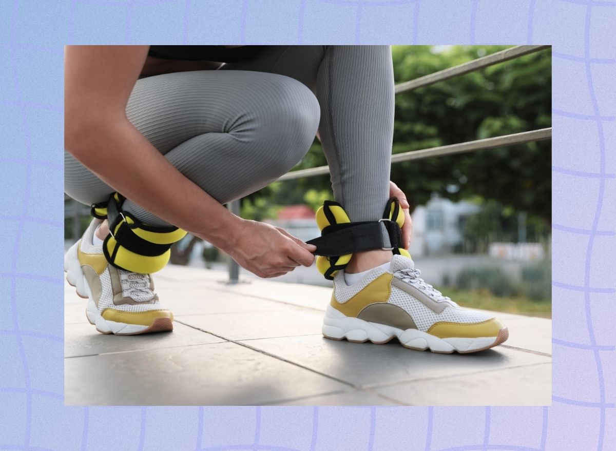 a photo of a runner putting on ankle weights on a designed blue background