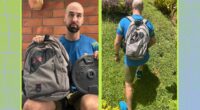 split image of trainer preparing rucking backpack and rucking uphill