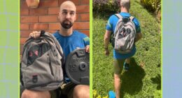 split image of trainer preparing rucking backpack and rucking uphill