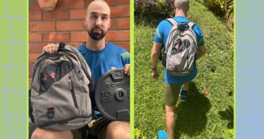 split image of trainer preparing rucking backpack and rucking uphill