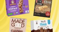 A quartet of chocolate chip granola bar brands set against a vibrant yellow background