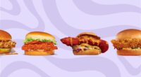 Spicy crispy chicken sandwiches on a graphic background