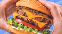 The Double Char from Habit Burger Grill held by two hands, set against a colorful blue background