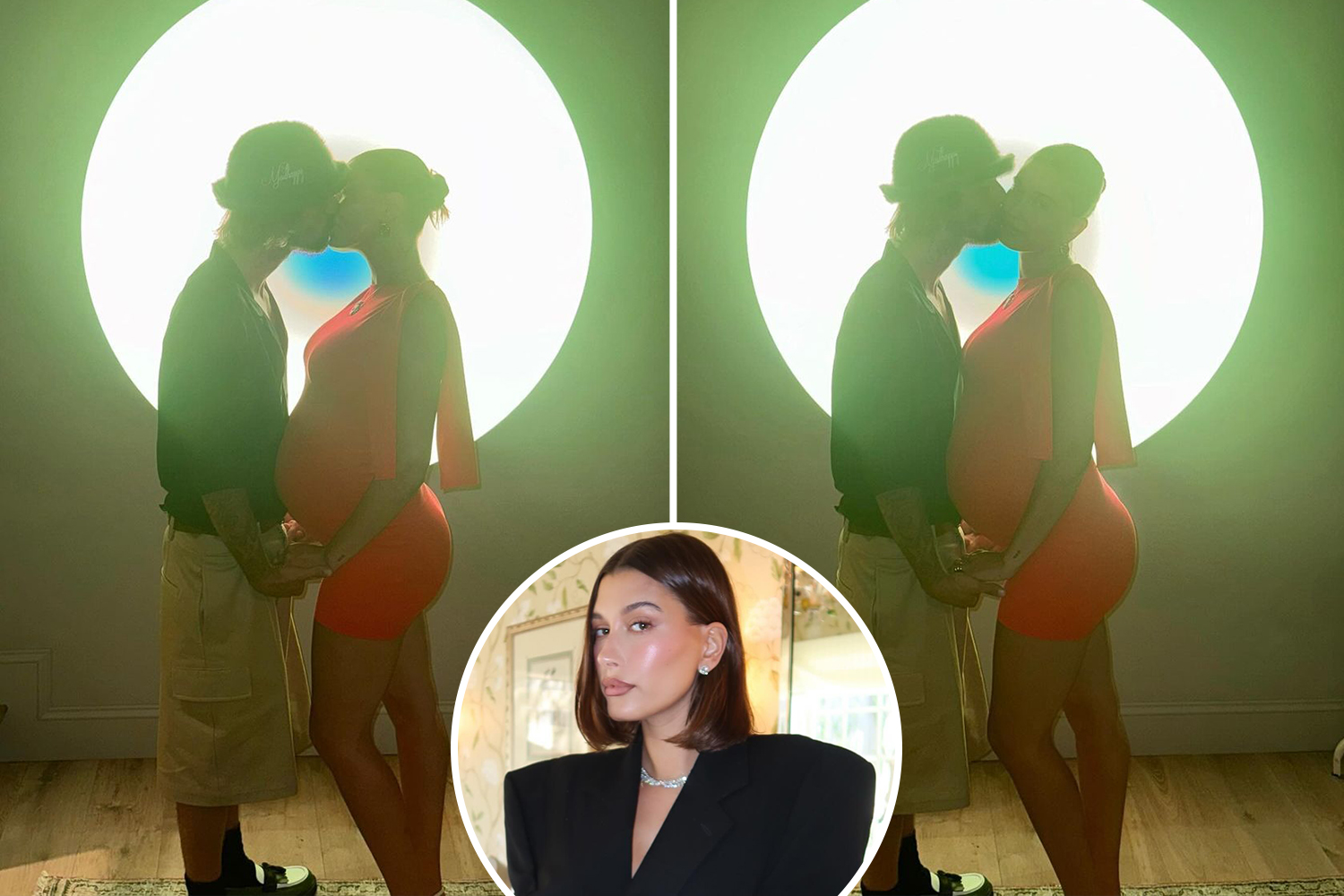 Justin Bieber kisses wife Hailey as she cradles baby bump in a skintight red dress just before due date