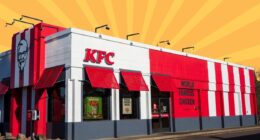 KFC restaurant exterior on striped orange-yellow background