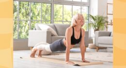 mature woman doing yoga exercise in her bright living space