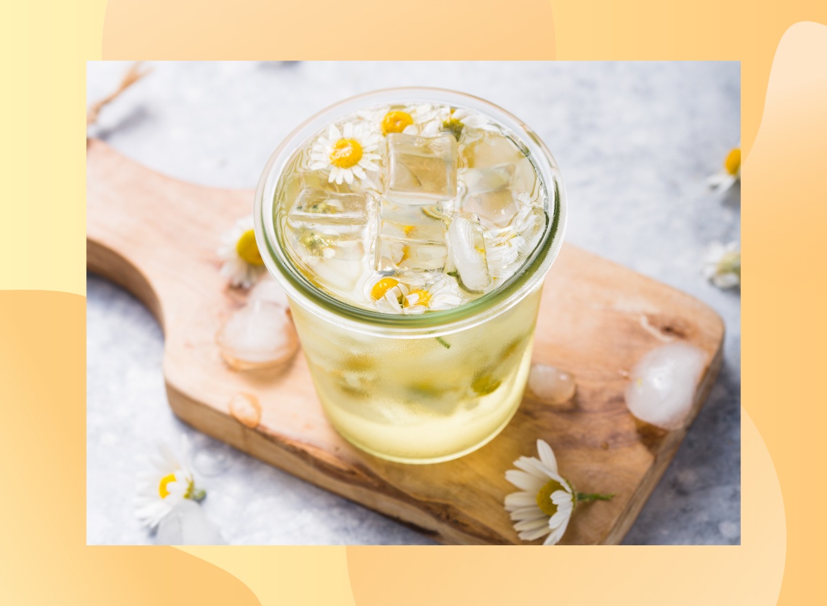 refreshing chamomile mocktail in a glass on a cutting board