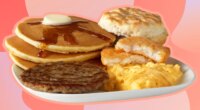 mcdonalds big breakfast with hotcakes on a red background