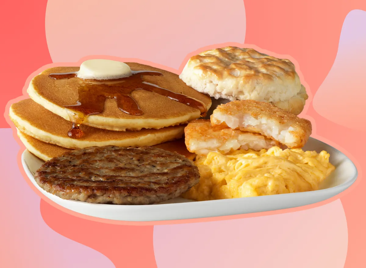 mcdonalds big breakfast with hotcakes on a red background