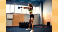 fit, muscular woman doing a kettlebell swing at the gym next to row of windows