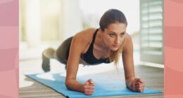 a photo of a woman doing a pilates plank on a designed pink background