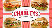 collage of four charleys cheesesteaks on a designed red background