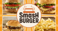 smashburger logo centered with images of four healthy menu items around it on a designed orange background