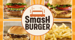 smashburger logo centered with images of four healthy menu items around it on a designed orange background