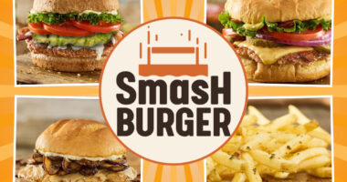 smashburger logo centered with images of four healthy menu items around it on a designed orange background