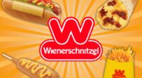 collage of healthy menu items at wienerschnitzel surrounding a logo on an orange background