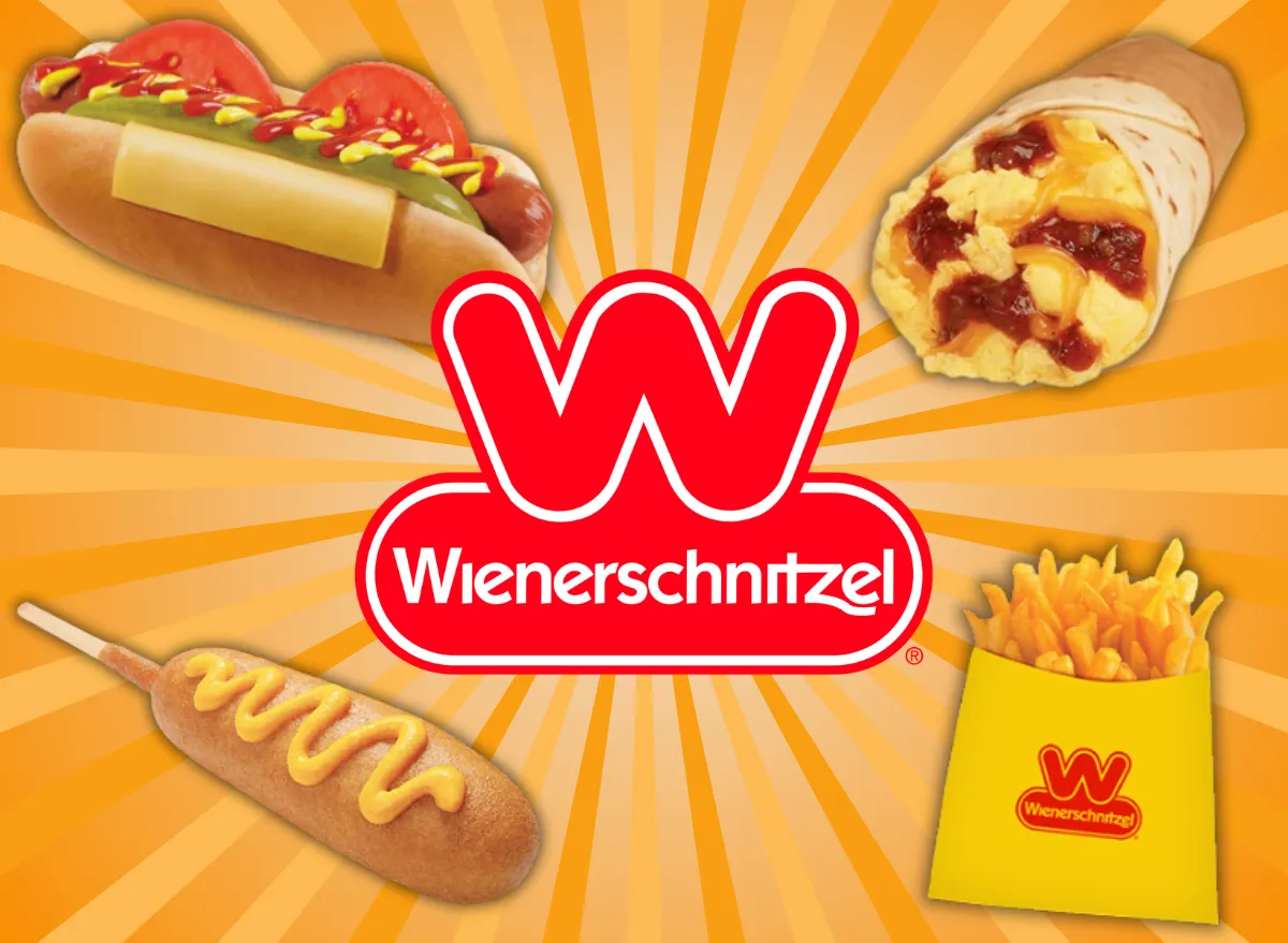 collage of healthy menu items at wienerschnitzel surrounding a logo on an orange background