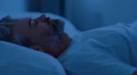 mature man sleeping on his back in bed in dark room at night