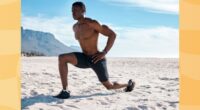 fit man doing walking lunges at the beach on sunny day