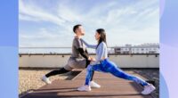 fitness couple doing lunges outdoors on rooftop workout space on sunny day