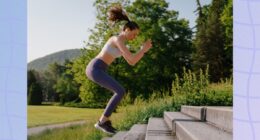 fit woman doing jump squat exercise on stairs outdoors