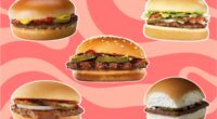 five fast-food burgers on a pink background