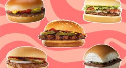 five fast-food burgers on a pink background