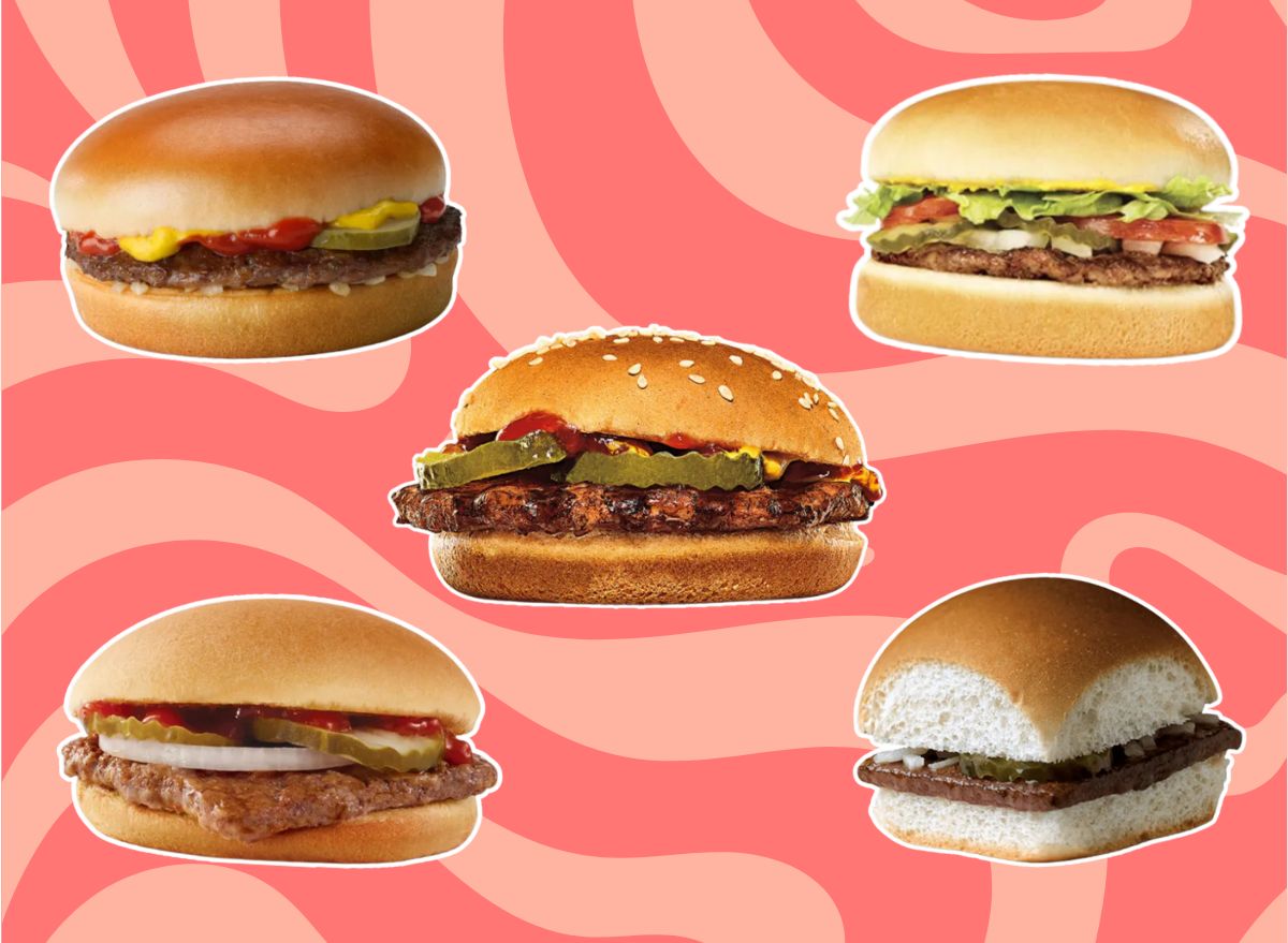 five fast-food burgers on a pink background